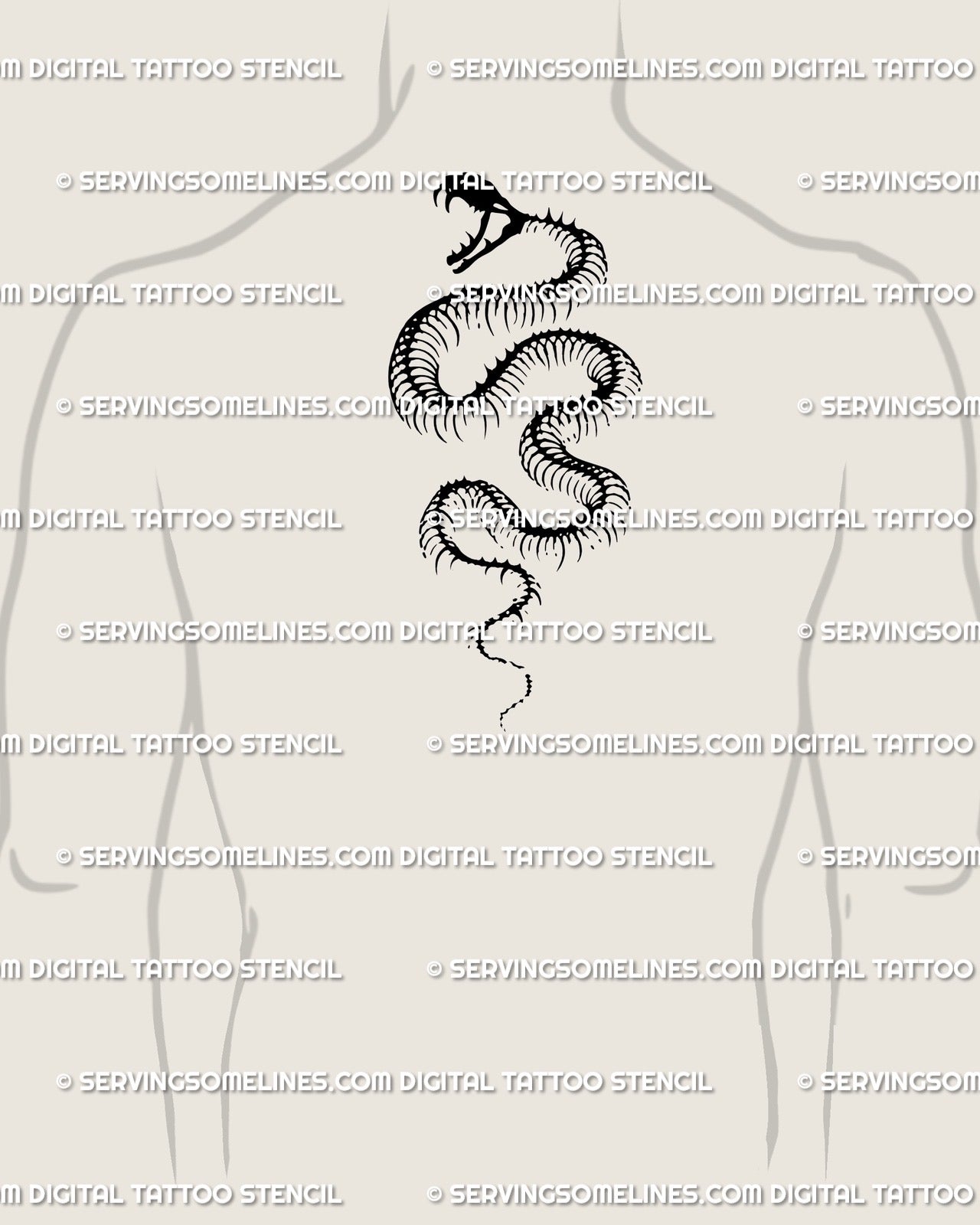 Snake skeleton tattoo centered on men’s upper back, gothic serpent spine alignment with cyber-goth symmetry.