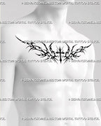 Men’s chest tattoo stencil with neotribal cross detail across pecs and collarbone placement