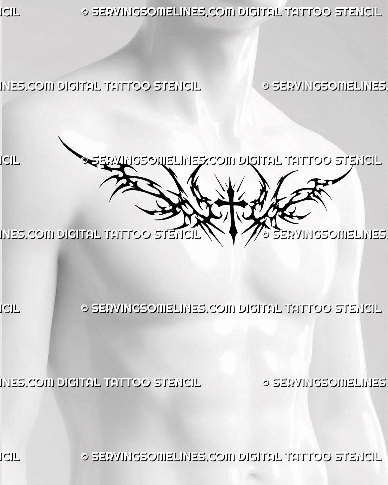 Men’s chest tattoo stencil with neotribal cross detail across pecs and collarbone placement