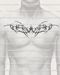 Wide men’s chestpiece stencil shown across the upper chest with fine line futuristic curves and a centered sparkle as a clean digital preview