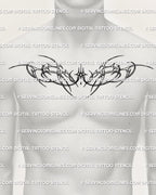 Wide men’s chestpiece stencil shown across the upper chest with fine line futuristic curves and a centered sparkle as a clean digital preview