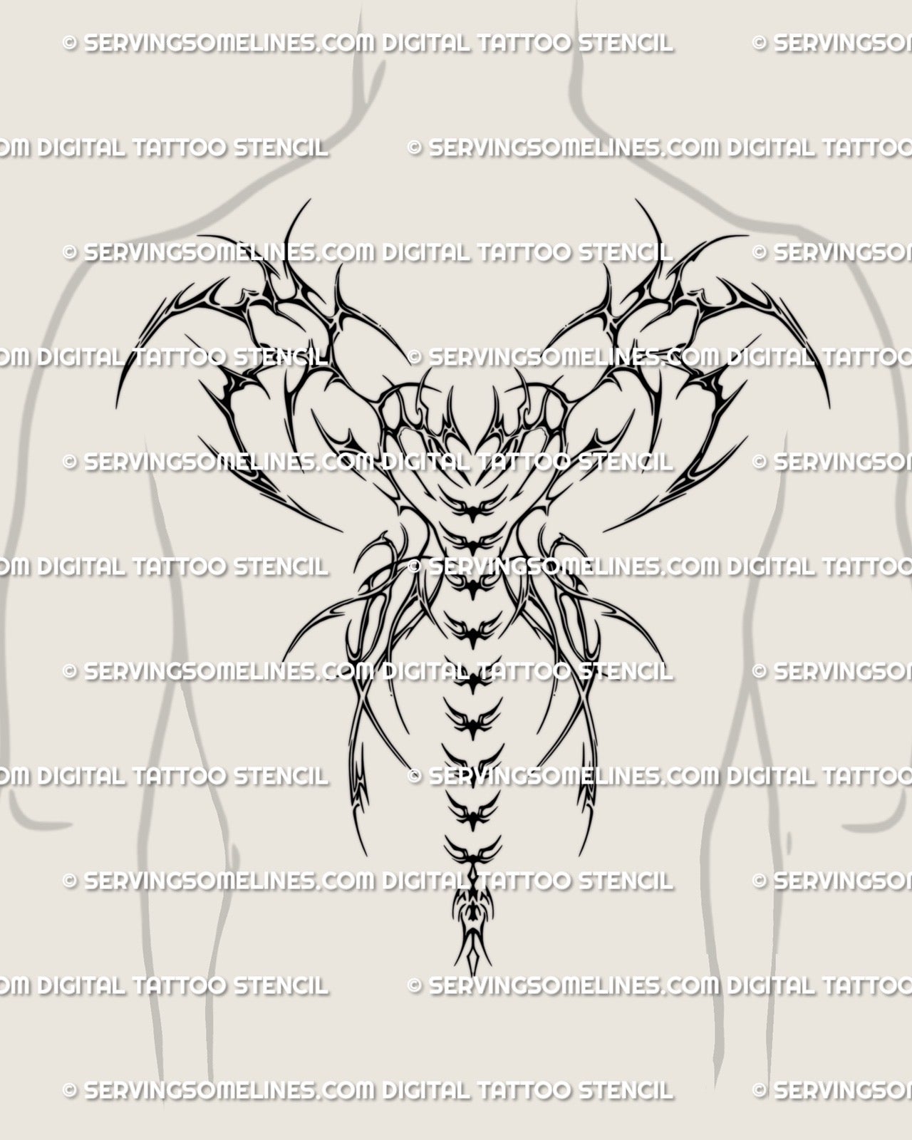 Men’s back mockup showing a winged heart spine tattoo stencil with dark pointed shape and spine flow