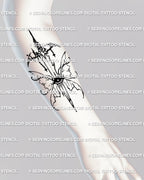 Mermaid sword tattoo stencil displayed on forearm placement example, long blade with fin wing guard detail.