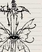 Close view of mermaid sword tattoo stencil, fishtail wings at the guard with sharp tips and clean line spacing.
