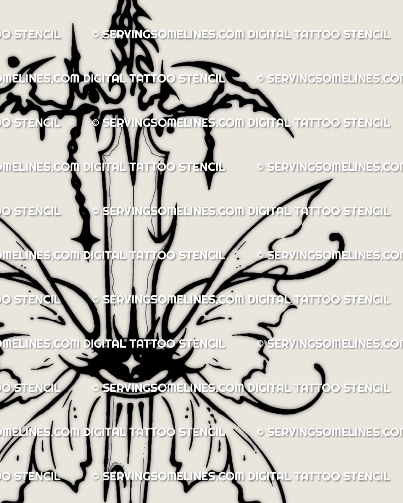 Close view of mermaid sword tattoo stencil, fishtail wings at the guard with sharp tips and clean line spacing.