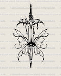 Mermaid sword tattoo stencil with fishtail wing guard, long blade, and clean linework, centered design preview.