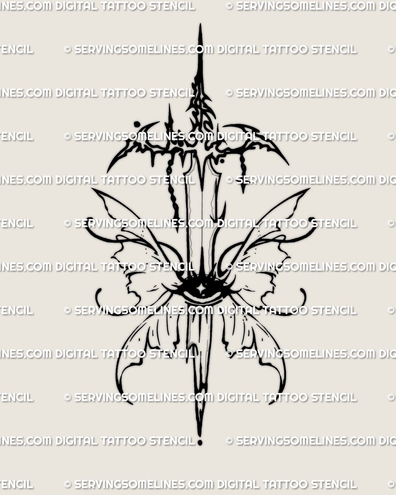 Mermaid sword tattoo stencil with fishtail wing guard, long blade, and clean linework, centered design preview.