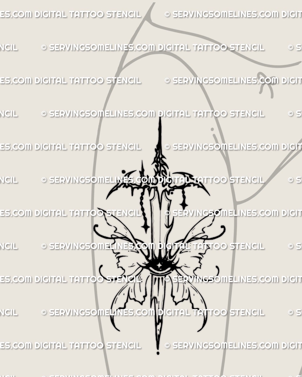 Mermaid sword tattoo stencil shown on thigh placement example, tall silhouette with fishtail wings at the guard.