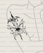 Mermaid sword tattoo stencil shown on womens arm placement, vertical fit with fishtail wing guard and long blade.