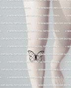 Under knee placement with the mesh-wing butterfly tattoo stencil, clean line details shaping to the joint area for a unique modern leg design choice