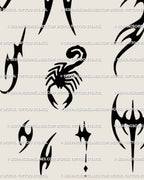 Micro neotribal tattoo flash sheet with small gothic accents, scorpion detail, mirrored symbols, and printable files