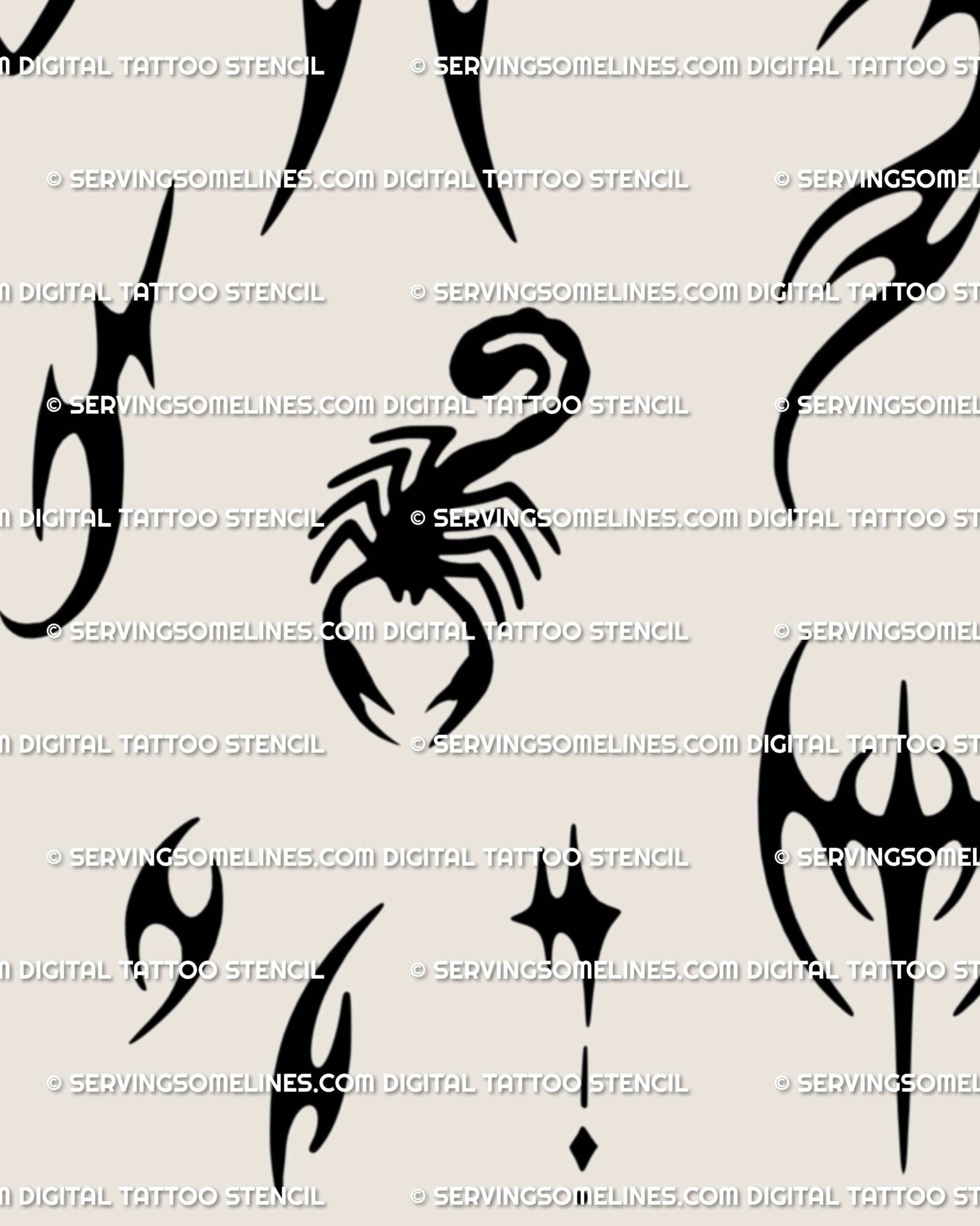 Micro neotribal tattoo flash sheet with small gothic accents, scorpion detail, mirrored symbols, and printable files