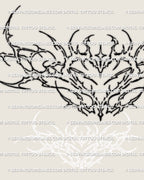 Close detail of the mini cybersigilism lower back tattoo stencil, showing pointed linework and the centered heart sigil shape.