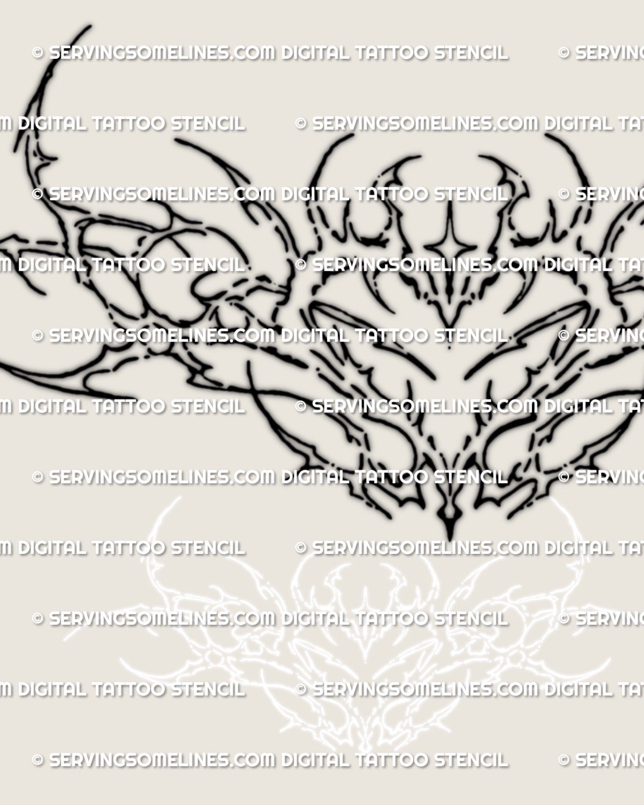 Close detail of the mini cybersigilism lower back tattoo stencil, showing pointed linework and the centered heart sigil shape.