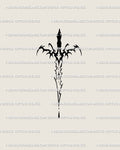 Digital tattoo stencil showing small neo-tribal sword design with gothic dagger shape, dark minimal line art perfect for wrist or sternum tattoos. 