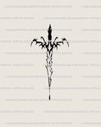 Digital tattoo stencil showing small neo-tribal sword design with gothic dagger shape, dark minimal line art perfect for wrist or sternum tattoos. 