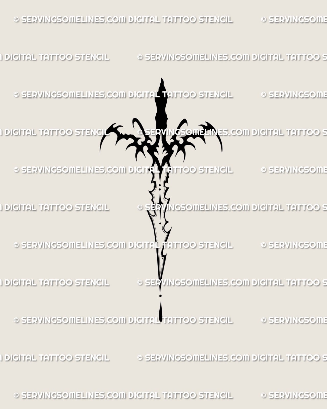Digital tattoo stencil showing small neo-tribal sword design with gothic dagger shape, dark minimal line art perfect for wrist or sternum tattoos. 