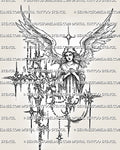 Minimal cybersigilism angel tattoo stencil with winged cross design, high resolution digital file prepared for stencil transfer