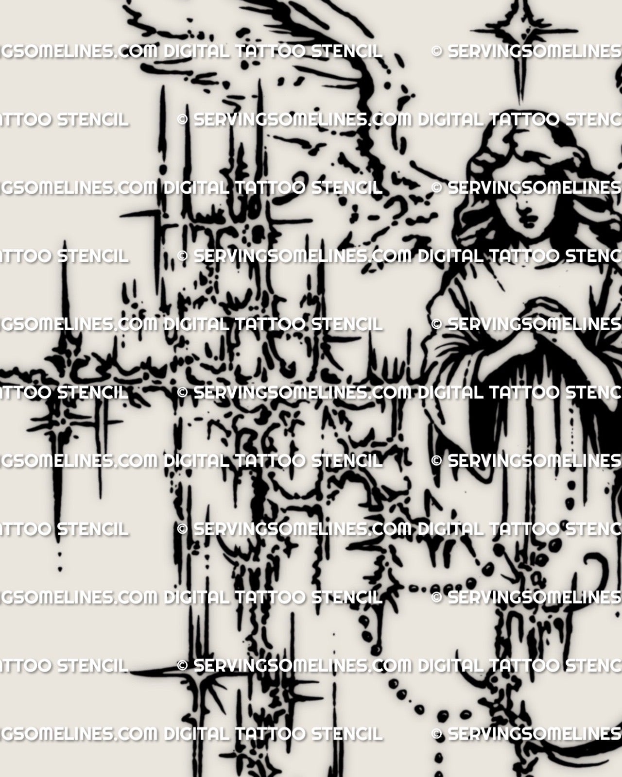 Minimal cybersigilism angel tattoo stencil with winged cross design, high resolution digital file prepared for stencil transfer