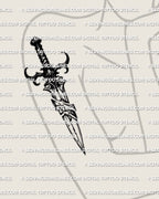 Minimal broken blade tattoo stencil download shown on womens arm placement example, simple outline for small sizing, PNG JPEG PDF.