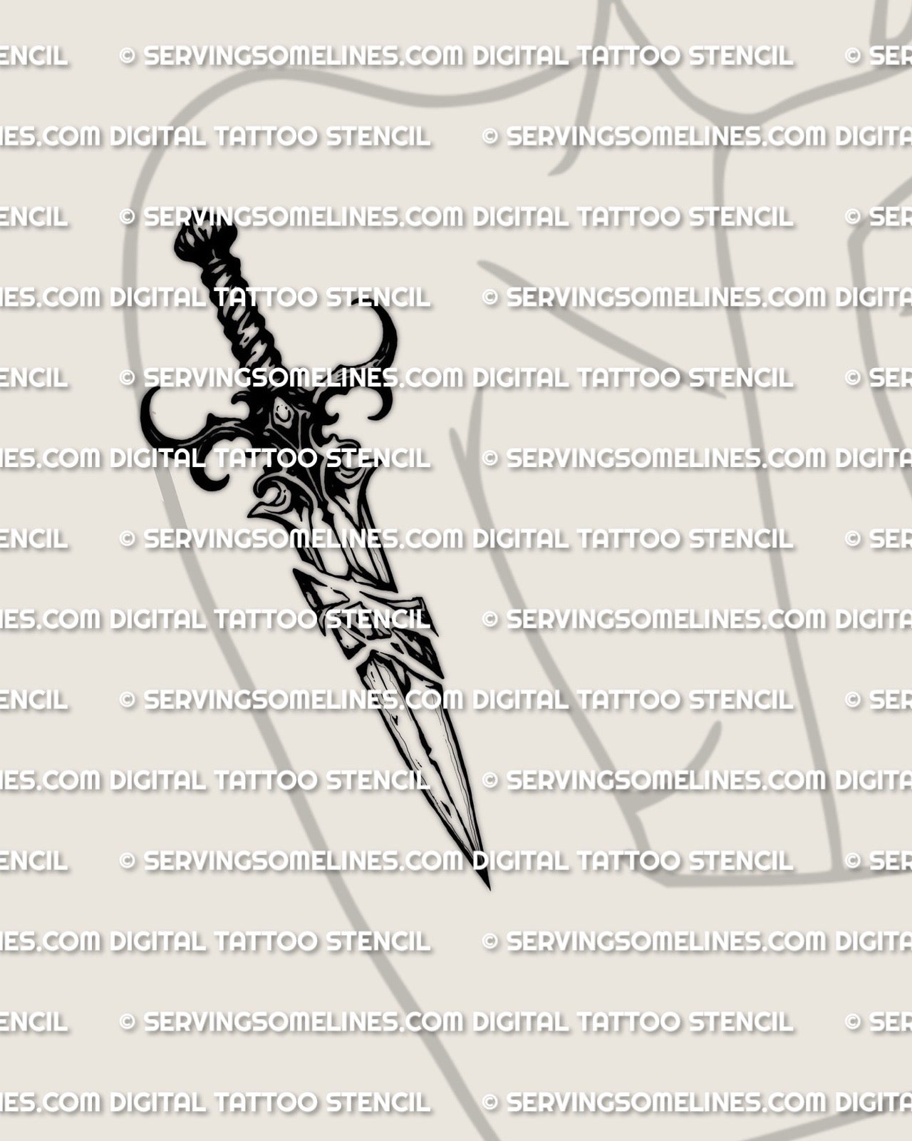 Minimal broken blade tattoo stencil download shown on womens arm placement example, simple outline for small sizing, PNG JPEG PDF.