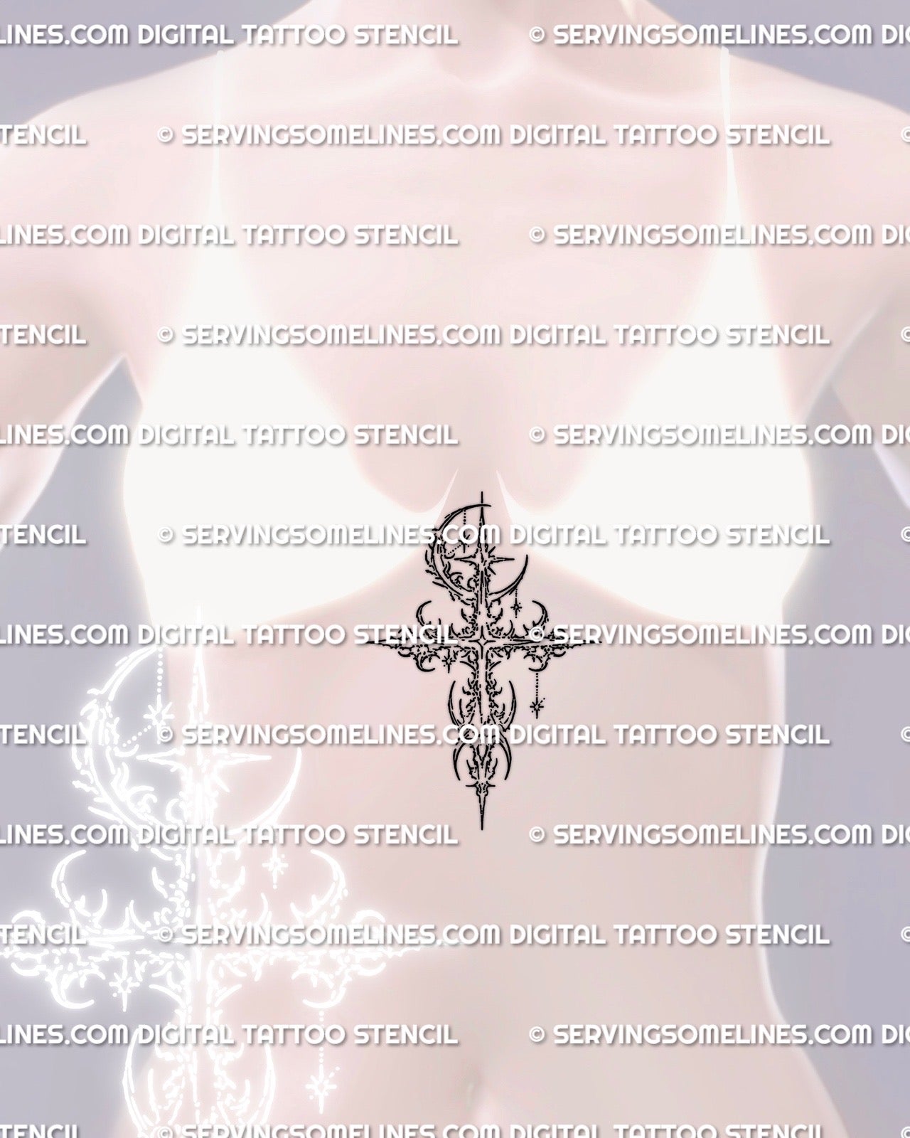 Minimal cross tattoo stencil displayed on women’s sternum placement, clean cyber sigil linework designed for small tattoo sizes.