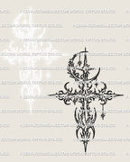 Minimal cyber cross tattoo stencil with moon motif, small size friendly linework design prepared as a digital tattoo stencil.