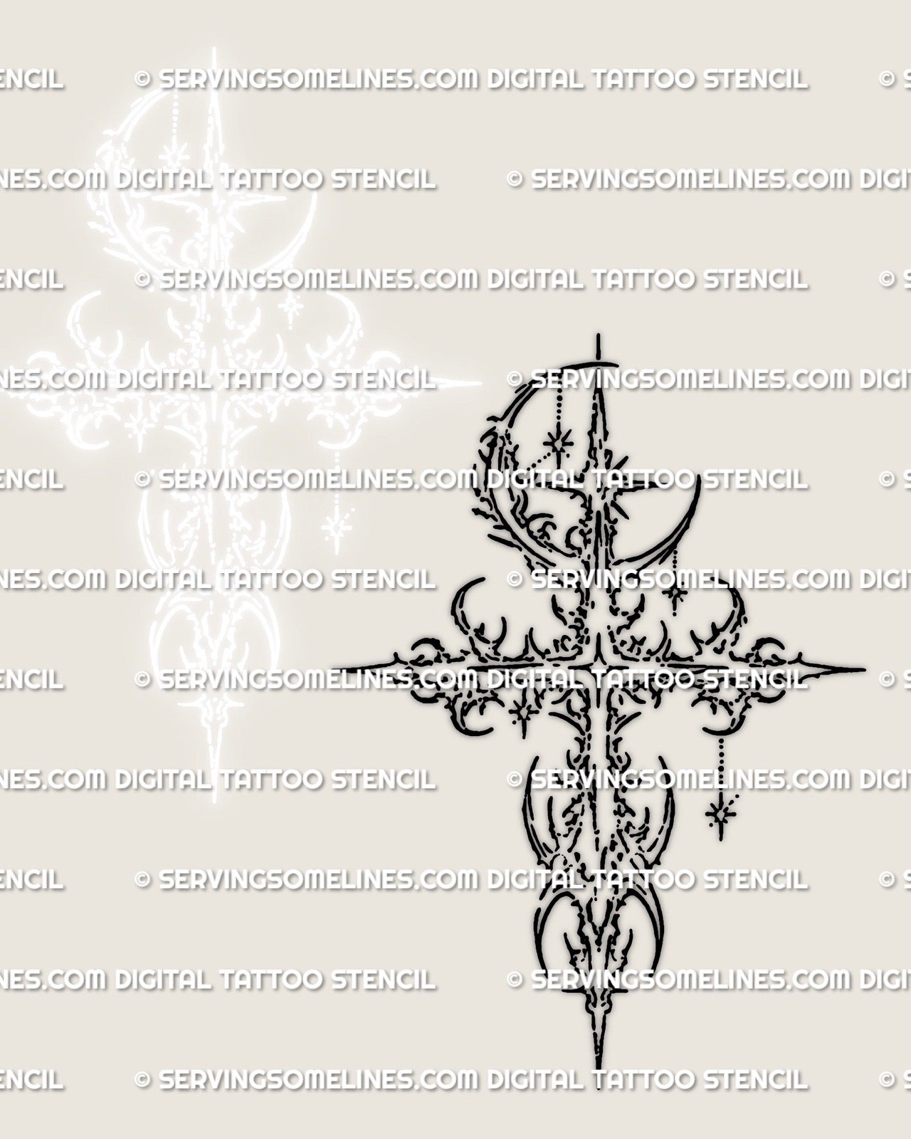 Minimal cyber cross tattoo stencil with moon motif, small size friendly linework design prepared as a digital tattoo stencil.