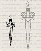 Close view of minimal dagger tattoo stencil, outline-only blade and handle detail, simple dagger tattoo stencil download file 