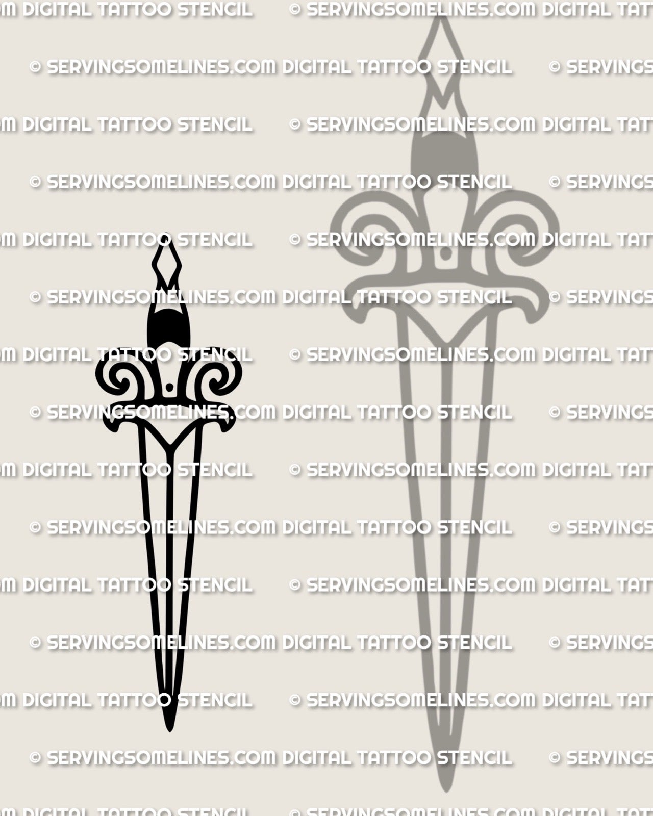 Close view of minimal dagger tattoo stencil, outline-only blade and handle detail, simple dagger tattoo stencil download file 