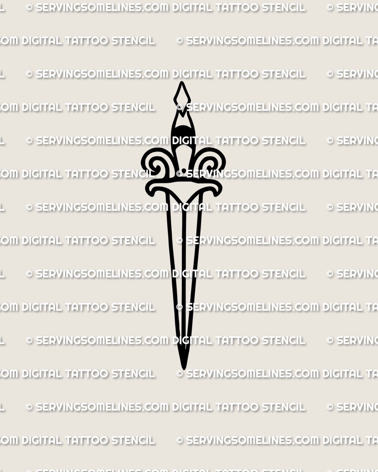 Minimal dagger tattoo stencil design preview, ultra clean outline blade and guard, dagger small tattoo stencil for instant download