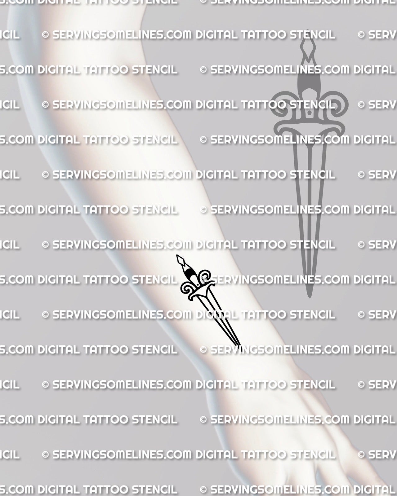 Minimal dagger tattoo shown on wrist placement example, simple dagger tattoo outline sized small for clean, readable linework 