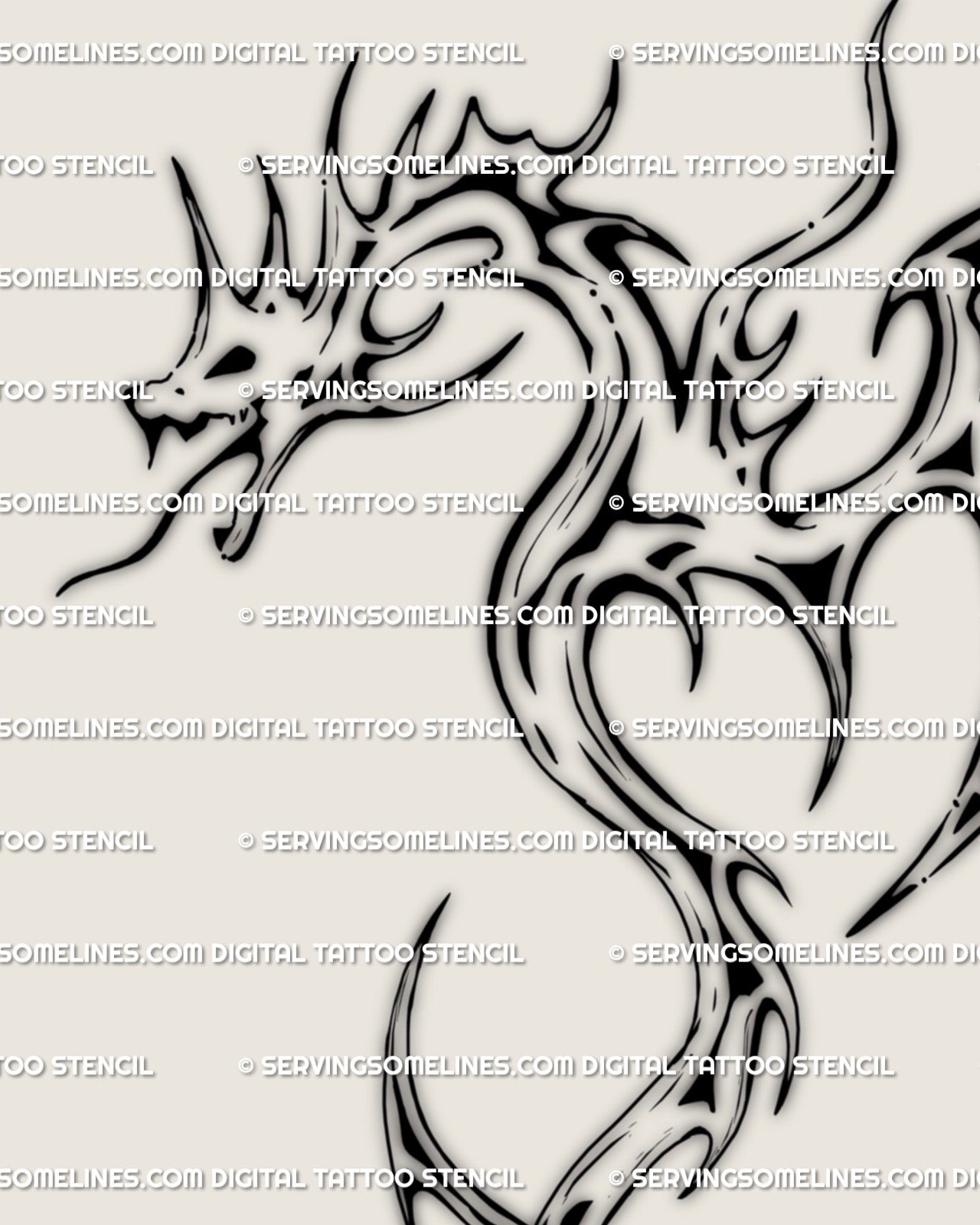Close view of minimal dragon stencil digital tattoo design showing clean line spacing and a light abstract silhouette
