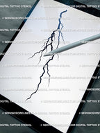 Minimal lightning bolt tattoo flash displayed on iPad screen, simple digital thunderbolt design with fine black linework and gothic style.