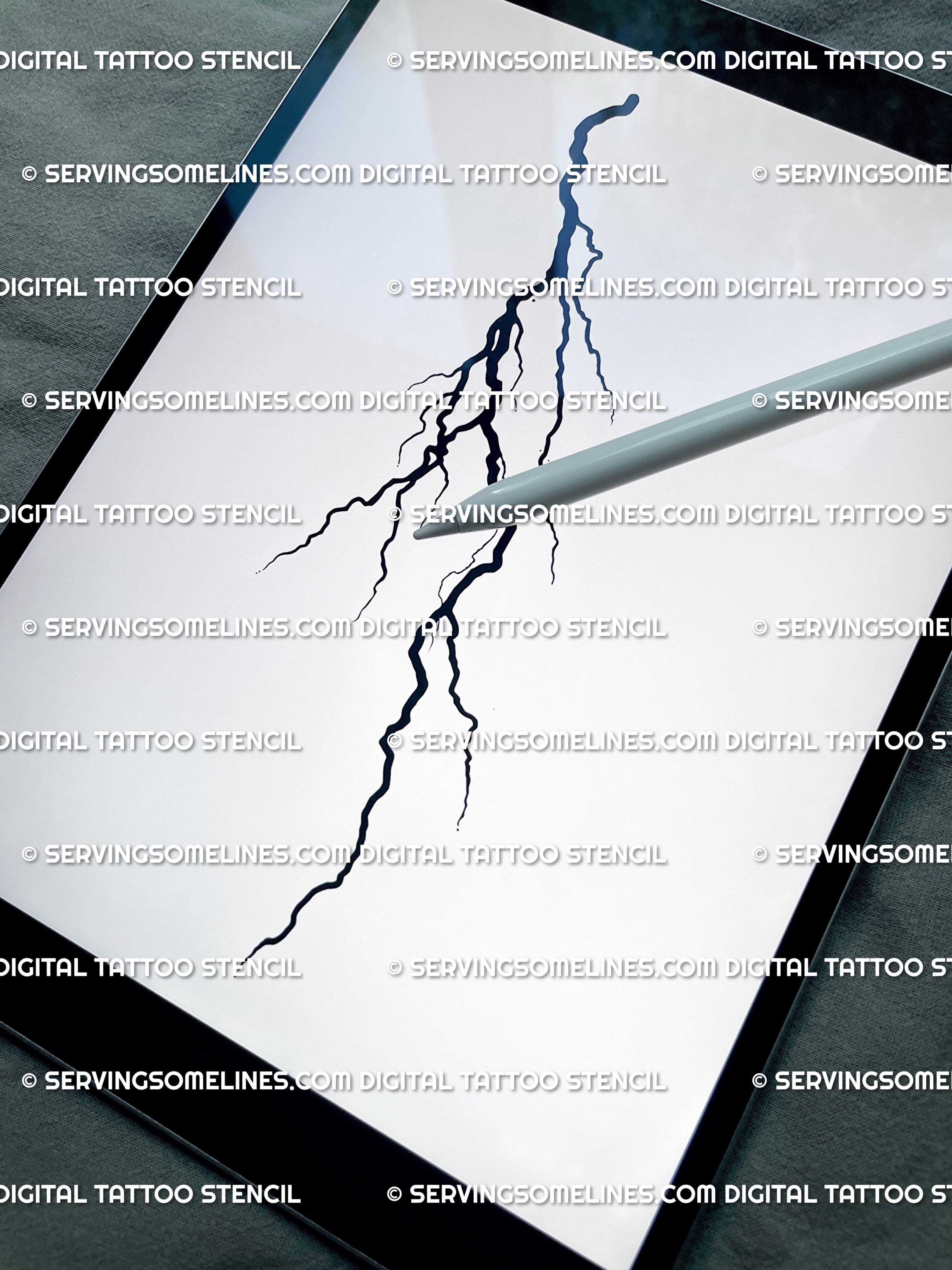 Minimal lightning bolt tattoo flash displayed on iPad screen, simple digital thunderbolt design with fine black linework and gothic style.