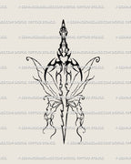 Minimal line art tattoo design for women featuring a butterfly dagger with dainty wings and ornamental heart detail on the hilt. 