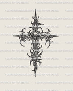 Modern minimalist line cross tattoo with skull center, clean edgy outline tattoo design for small placements.