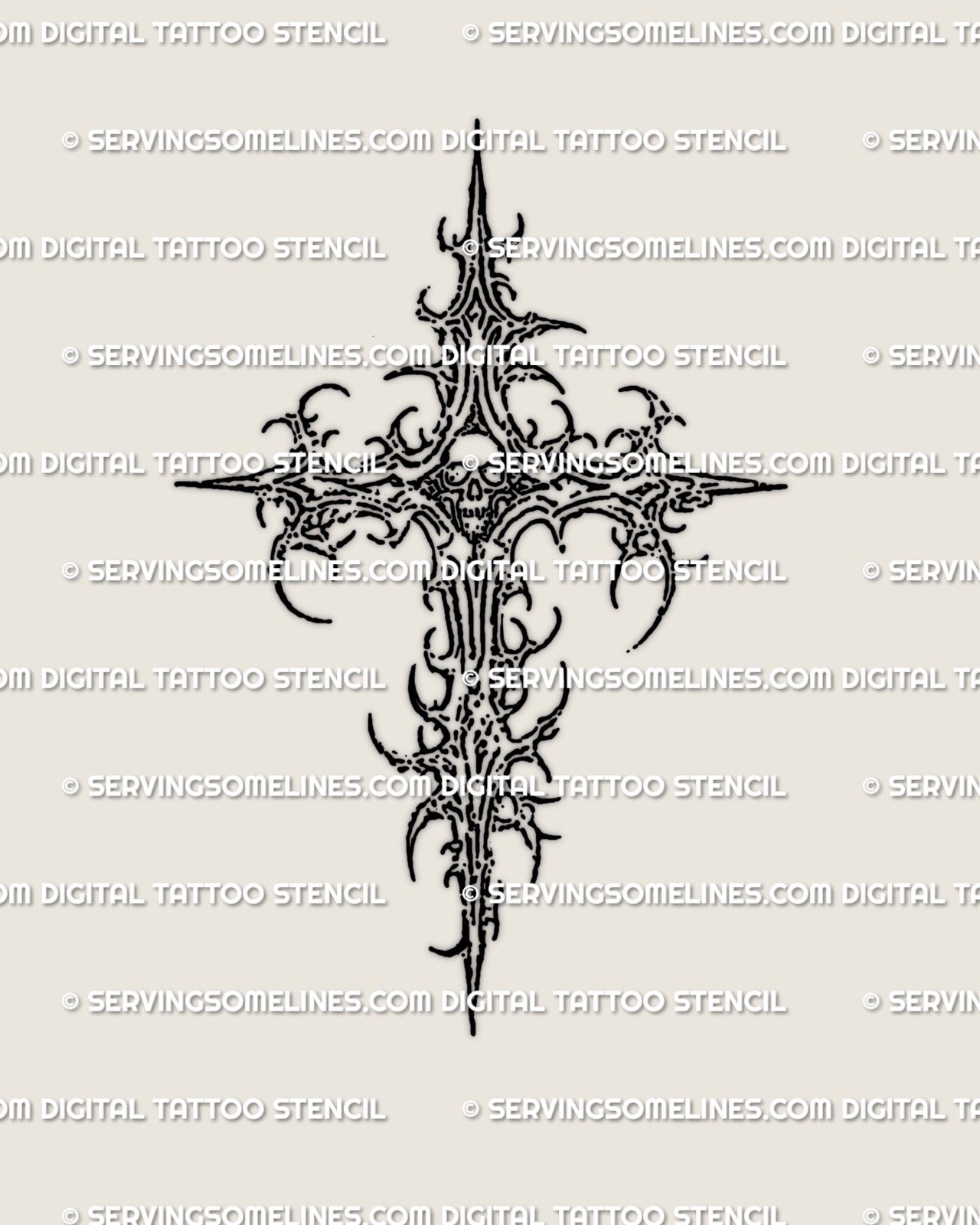 Modern minimalist line cross tattoo with skull center, clean edgy outline tattoo design for small placements.