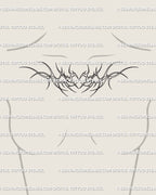 Feminine chest tattoo stencil featuring minimal neotribal heart design with ornamental wings, symmetrical and ready for stencil transfer. 