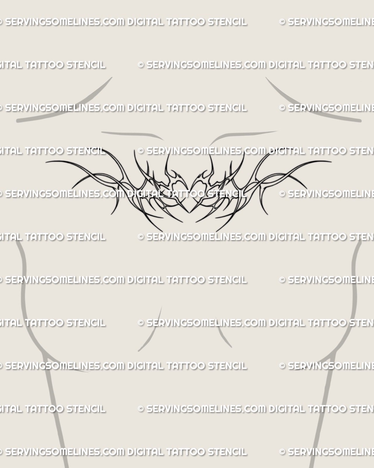 Feminine chest tattoo stencil featuring minimal neotribal heart design with ornamental wings, symmetrical and ready for stencil transfer. 
