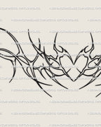 Digital tattoo stencil preview showing the minimal neotribal heart lineart tramp stamp design, outlined ornamental style ready to print