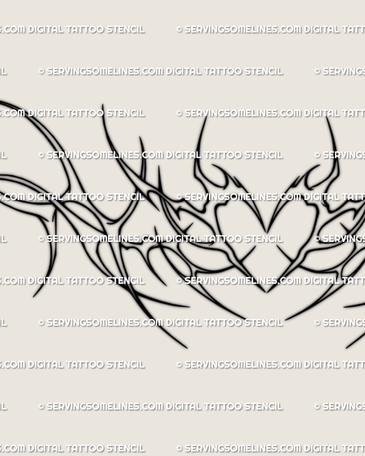 Digital tattoo stencil preview showing the minimal neotribal heart lineart tramp stamp design, outlined ornamental style ready to print