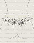 Digital tattoo stencil shown on a woman’s lower back placement, minimal neotribal heart lineart tramp stamp design with ornamental flow