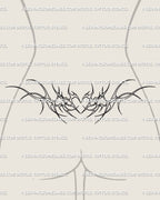Digital tattoo stencil shown on a woman’s lower back placement, minimal neotribal heart lineart tramp stamp design with ornamental flow
