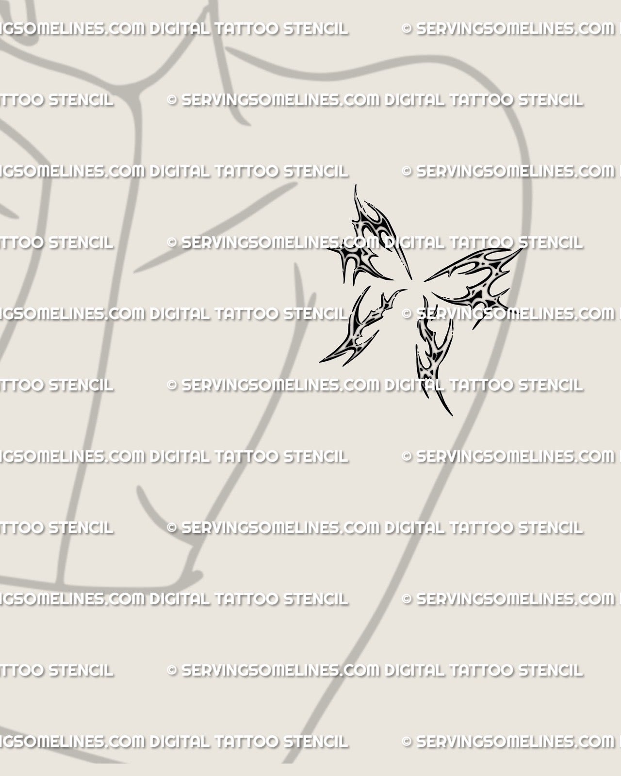 Minimal wing tattoo stencil displayed on womens upper arm placement example, small symbolic wing design with printable files.