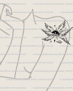 Minimalist angel eye tattoo on the shoulder, a seraphim eye stencil with cyber sigil accents. Small celestial tattoo idea for gothic or angelcore aesthetics.