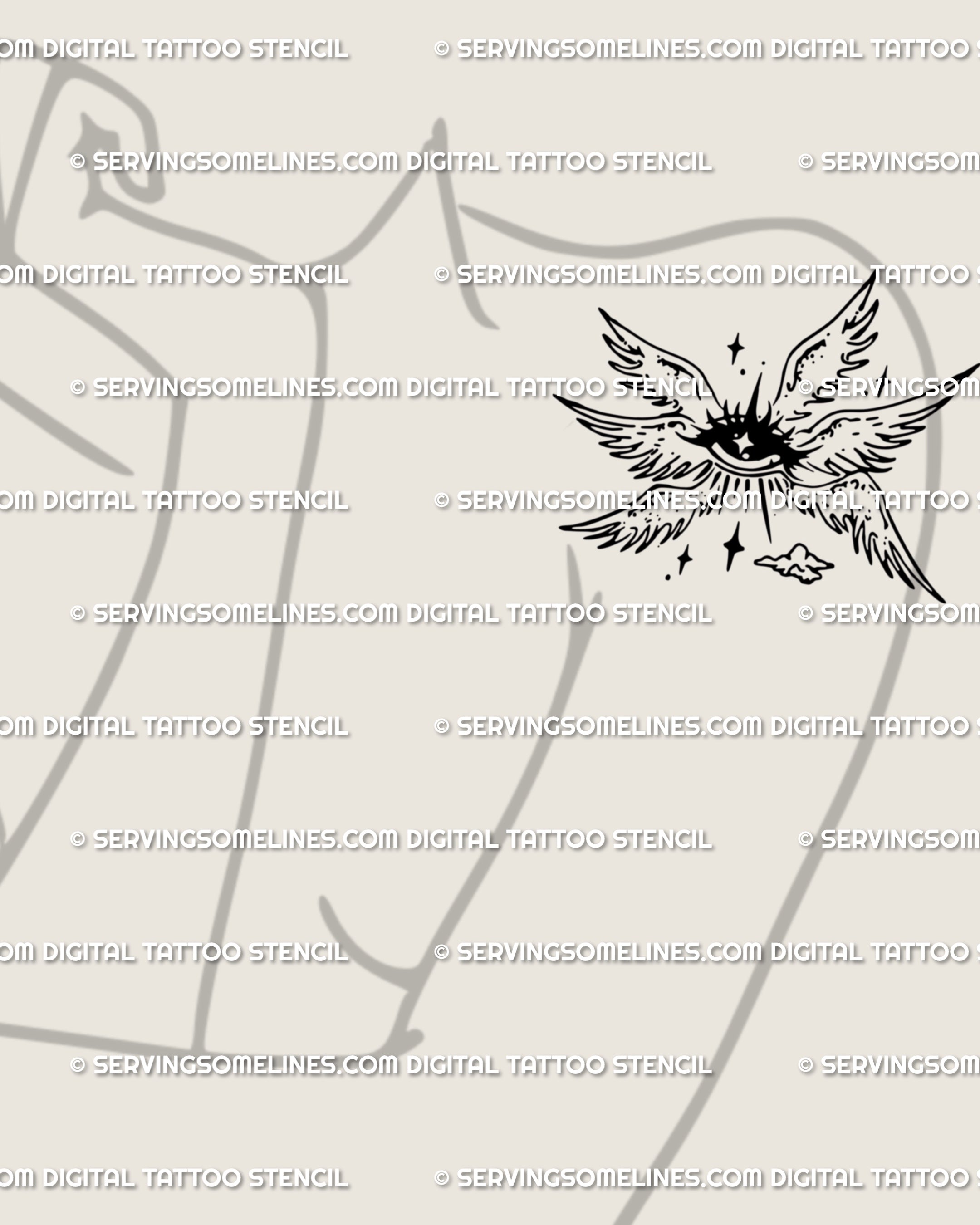 Minimalist angel eye tattoo on the shoulder, a seraphim eye stencil with cyber sigil accents. Small celestial tattoo idea for gothic or angelcore aesthetics.