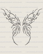 Fairy wings cybersigilism tattoo design preview, minimalist digital backpiece with smooth ornamental outlines and light wing symmetry.