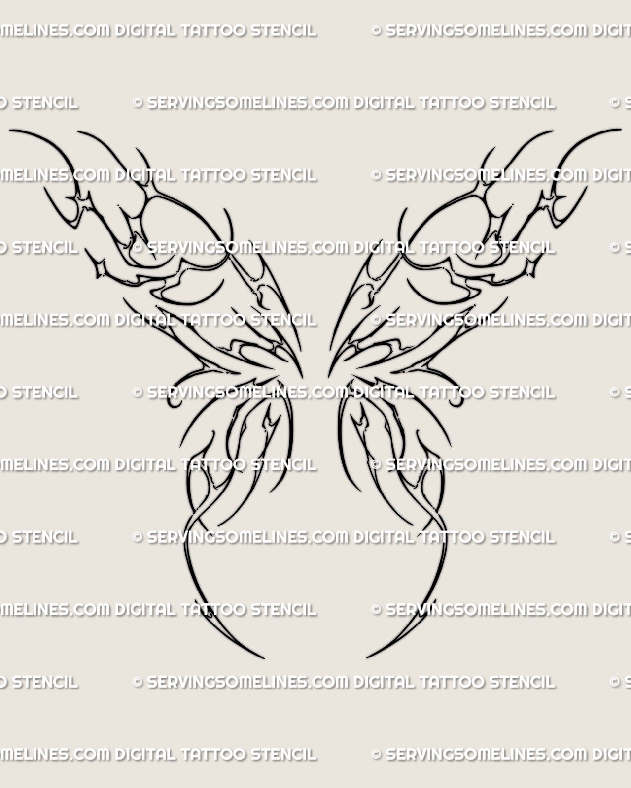 Fairy wings cybersigilism tattoo design preview, minimalist digital backpiece with smooth ornamental outlines and light wing symmetry.