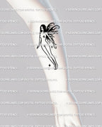 simple fairy outline tattoo placed on forearm, gothic black flaming wings linework design with subtle feminine details